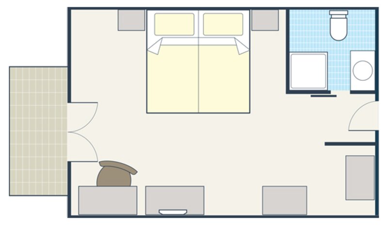 Room plan for Twin or double rooms (ensuite shower)